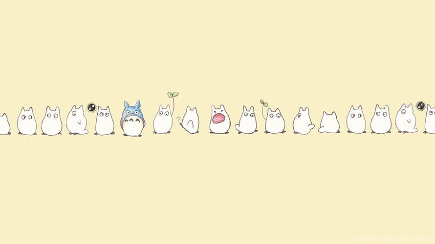 Cute Totoro and Friends Lineup on Soft Yellow Background HD wallpaper
