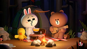 Line Friends Characters Enjoying a Cozy Campfire Picnic in the Forest HD wallpaper