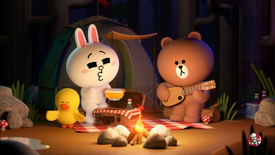 Line Friends Characters Enjoying a Cozy Campfire Picnic in the Forest HD wallpaper