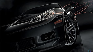 Sleek Black Sports Car Front End Close-Up with Dramatic Lighting and Reflections HD wallpaper