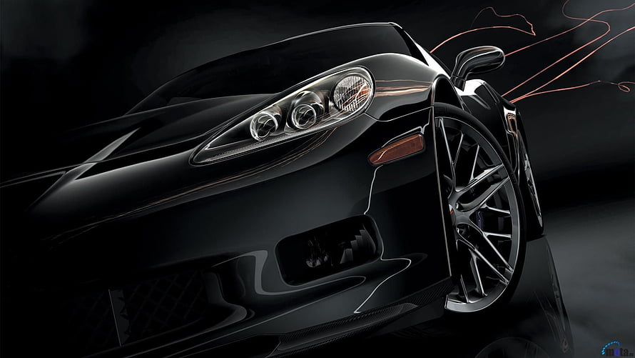 Sleek Black Sports Car Front End Close-Up with Dramatic Lighting and Reflections HD wallpaper