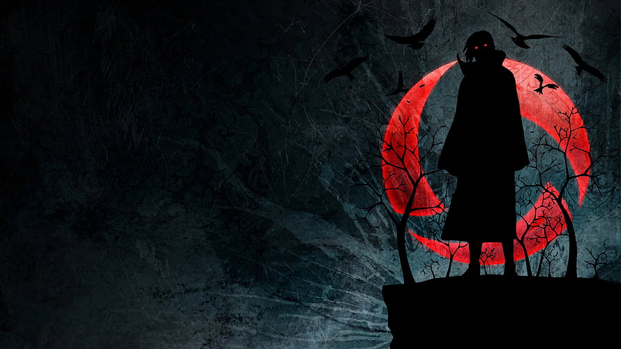 Itachi Uchiha Silhouette Standing Before a Blood Red Moon with Crows HD wallpaper