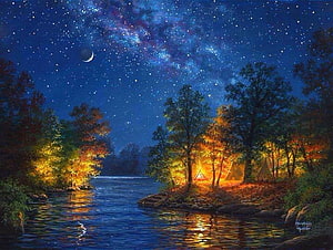 Painted Night Scene of a Riverside Campsite Under the Milky Way and Crescent Moon HD wallpaper