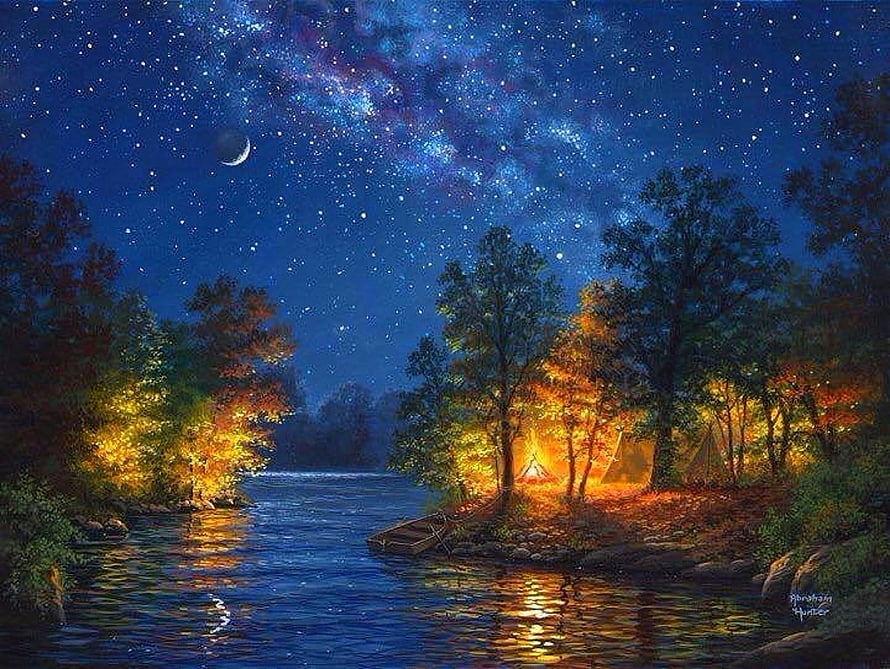 Painted Night Scene of a Riverside Campsite Under the Milky Way and Crescent Moon HD wallpaper