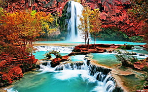 Vibrant Turquoise Waterfall Cascading Through Red Rock Canyon with Autumn Foliage HD wallpaper