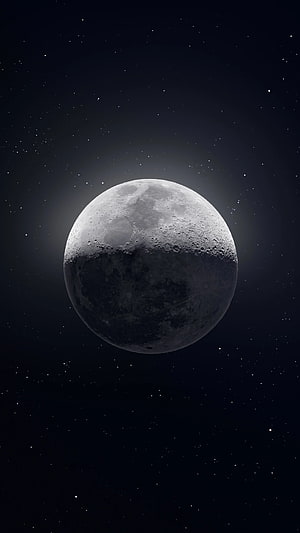 Gibbous Moon with Cratered Surface and Starry Night Sky HD phone wallpaper