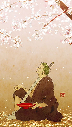 Roronoa Zoro from One Piece Sitting Under Cherry Blossoms with Katana and Red Bowl HD phone wallpaper