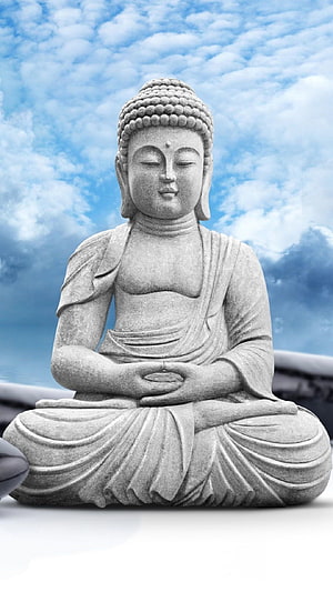Serene Stone Buddha Statue in Meditation Pose Against a Blue Cloudy Sky HD phone wallpaper