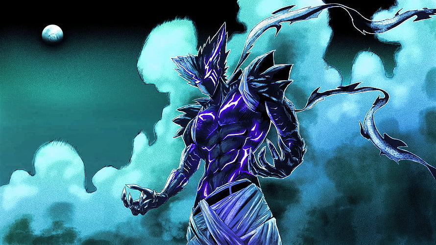 Cosmic Garou Recoloring: Dark Anime Villain with Purple Energy and Serpentine Whips HD wallpaper