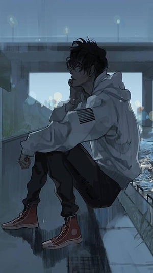 Melancholic Anime Boy Sitting Alone on a Rainy Pier at Dusk HD phone wallpaper