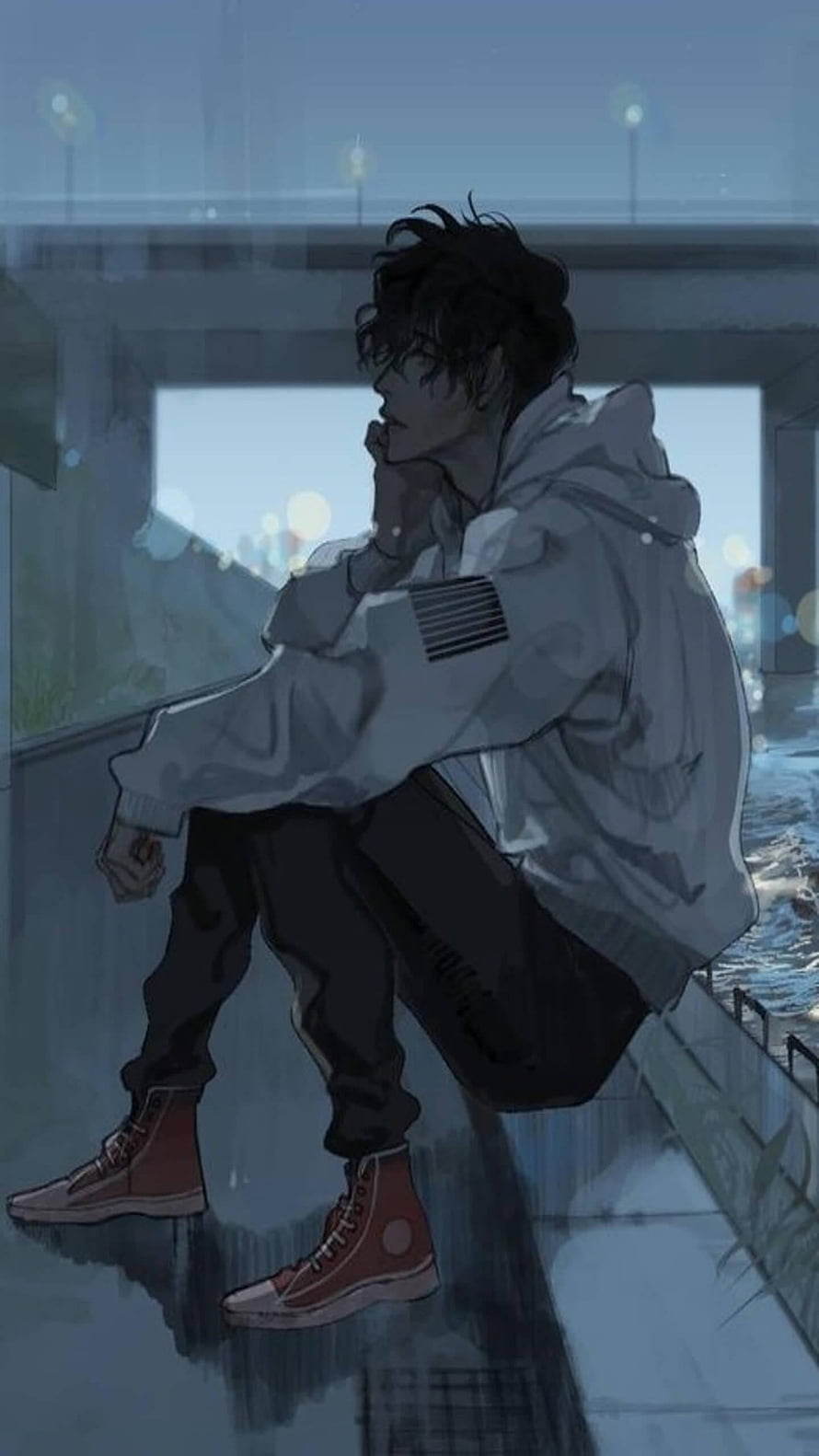 Melancholic Anime Boy Sitting Alone on a Rainy Pier at Dusk HD phone wallpaper
