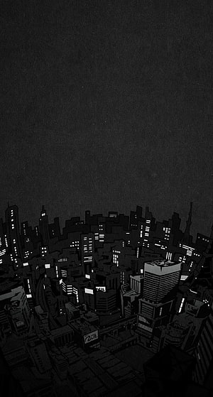 Monochrome Anime Cityscape at Night with Glowing Windows and Dark Sky HD phone wallpaper