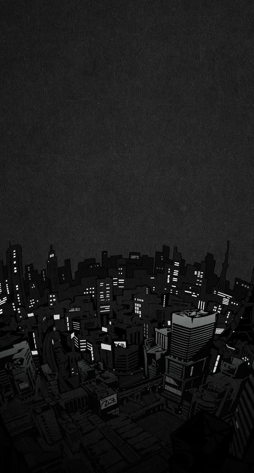 Monochrome Anime Cityscape at Night with Glowing Windows and Dark Sky HD phone wallpaper