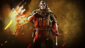Call of Duty Modern Warfare Ghost Soldier in Combat Gear Amidst Explosions HD wallpaper