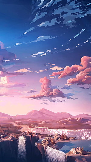 Anime Landscape Artwork Featuring Waterfalls, Mountains, and a Dreamy Sunset Sky HD phone wallpaper