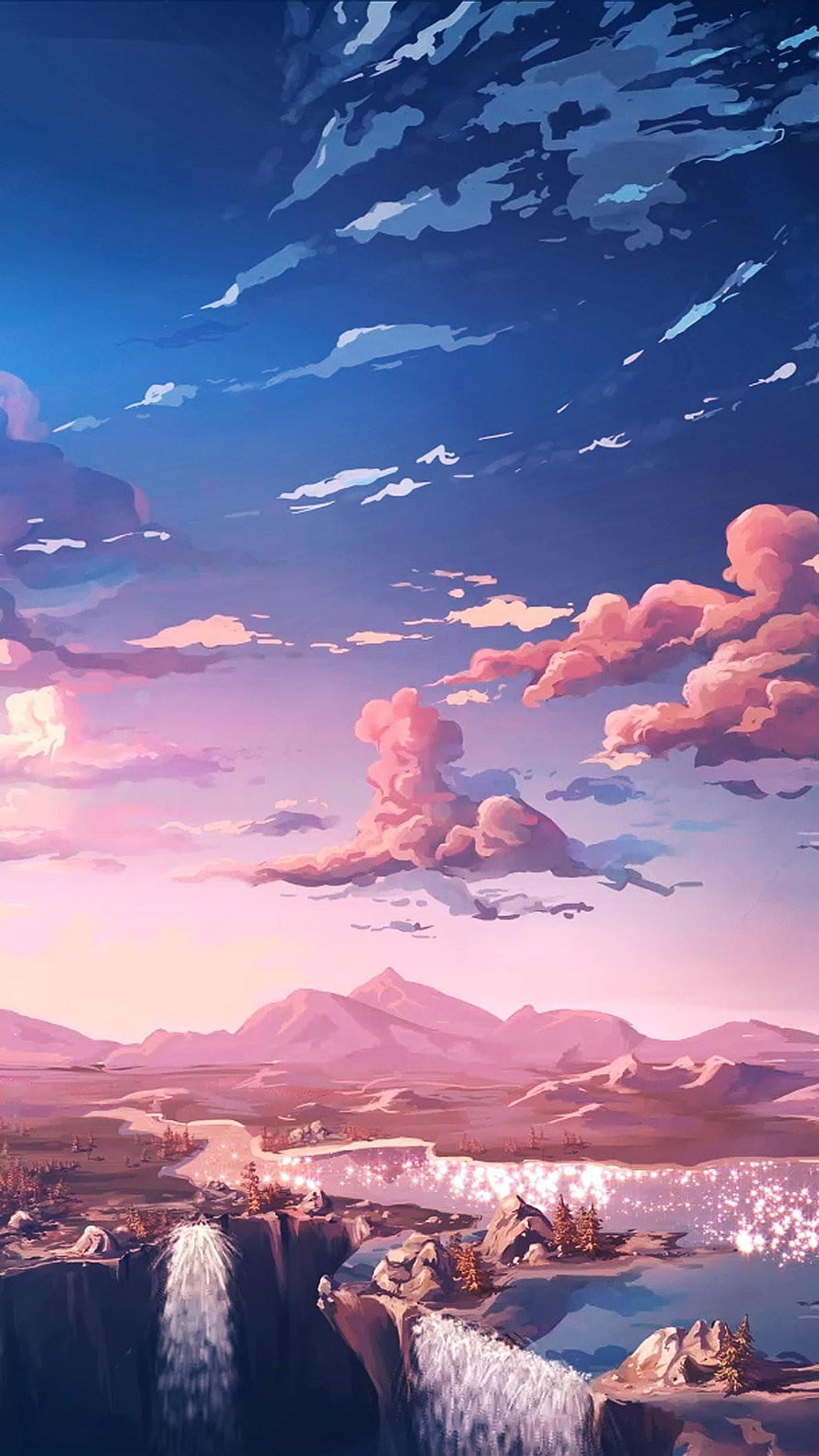 Anime Landscape Artwork Featuring Waterfalls, Mountains, and a Dreamy Sunset Sky HD phone wallpaper