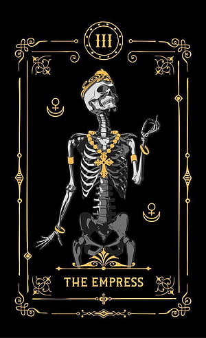 The Empress Tarot Card Skeleton Illustration with Gold Ornamental Frame HD phone wallpaper
