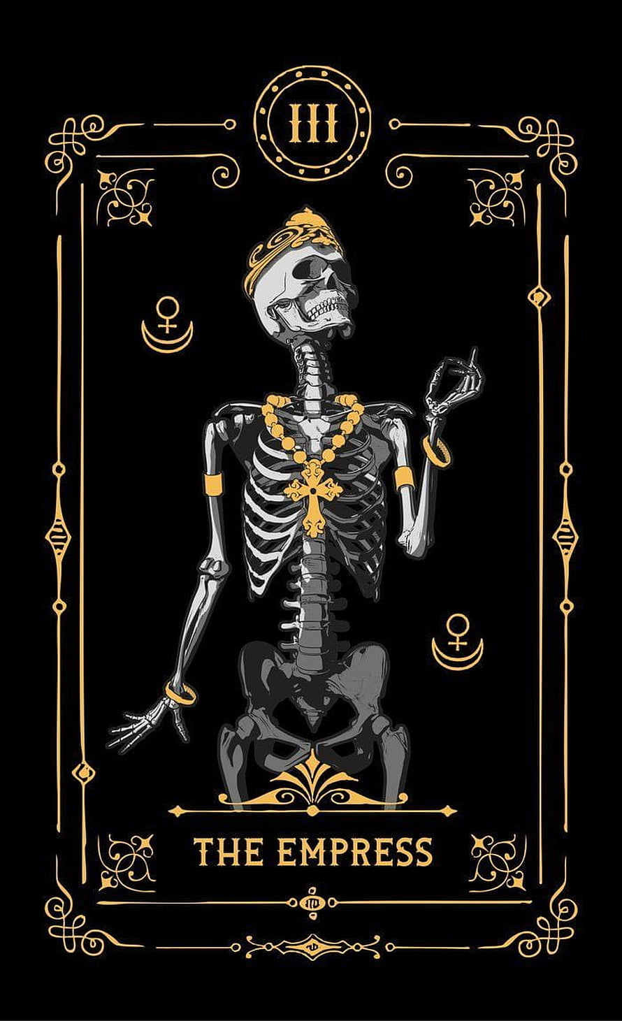 The Empress Tarot Card Skeleton Illustration with Gold Ornamental Frame HD phone wallpaper