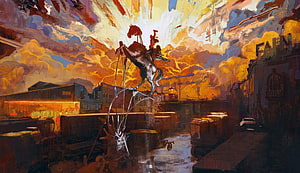 Disco Elysium Concept Art of a Reins Horse Statue in a Dystopian City HD wallpaper