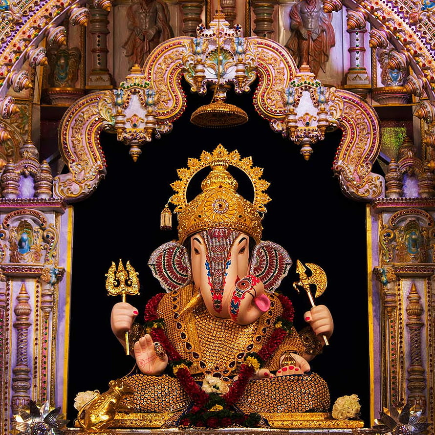 Dagdusheth Ganpati Temple Murti in Ornate Gold and Jewel Adornment HD phone wallpaper