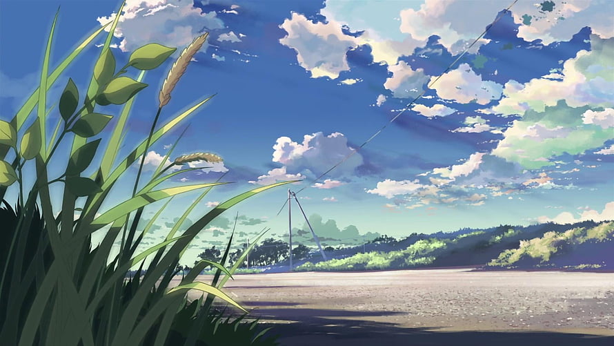 Serene Anime Countryside Landscape With Tall Grass And Wind Turbine Under Blue Sky HD wallpaper