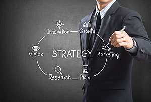 Businessman in suit sketching a business strategy diagram with vision, innovation, and growth concepts on a dark background HD wallpaper