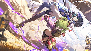 Yelan and Kuki Shinobu in Dynamic Action Pose with Elemental Effects from Genshin Impact HD wallpaper