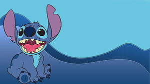 Stitch from Lilo and Stitch smiling with big ears against a blue background HD wallpaper