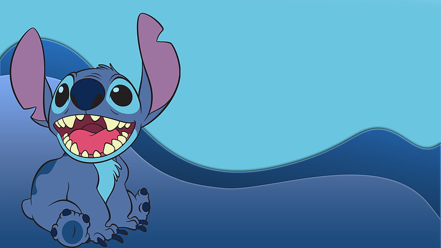 Stitch from Lilo and Stitch smiling with big ears against a blue background HD wallpaper