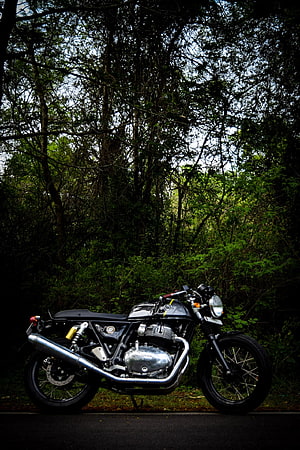 Royal Enfield Continental GT 650 Cafe Racer Parked in a Lush Forest Setting HD phone wallpaper