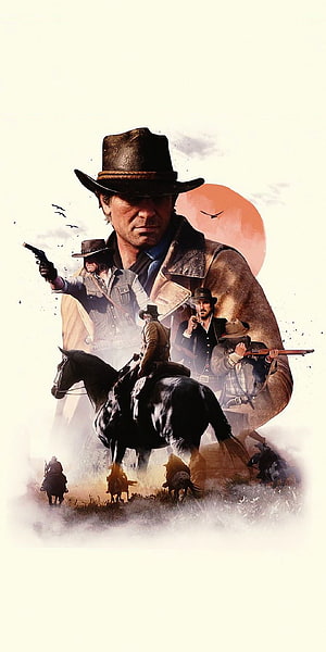 Red Dead Redemption 2 Western Frontier Artwork Featuring Cowboys and Horses HD phone wallpaper
