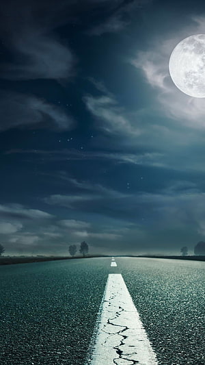 Empty Highway Stretching to Horizon Under a Bright Full Moon and Starry Night Sky HD phone wallpaper