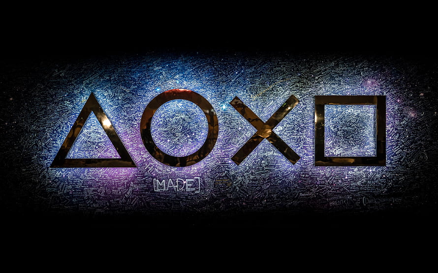PlayStation 4K Logo on Cosmic Starfield Background with Metallic Geometric Shapes HD wallpaper