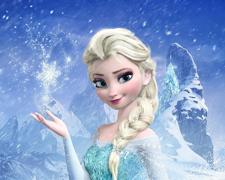 Elsa from Frozen conjuring snowflakes in a winter mountain landscape with ice castle HD wallpaper