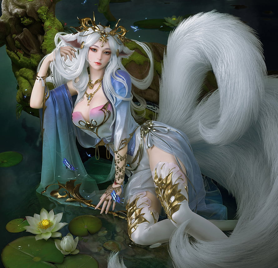Ahri the Nine-Tailed Fox Spirit Reclining in a Lotus Pond with Golden Adornments HD wallpaper