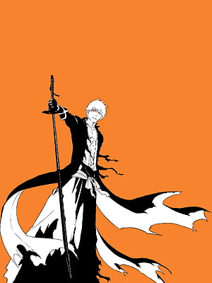 Ichigo Kurosaki from Bleach in a dramatic black and white pose holding a katana against a solid orange background HD phone wallpaper
