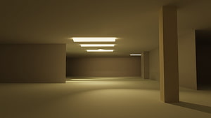 The Backrooms: Dimly Lit Empty Corridor with Fluorescent Ceiling Lights and Concrete Pillars HD wallpaper