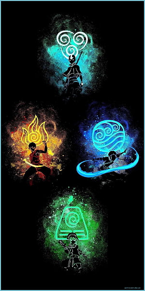 Avatar The Last Airbender Four Elements Bending Artwork with Neon Glowing Symbols on Black Background HD phone wallpaper