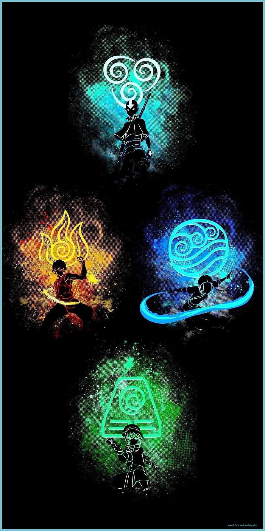Avatar The Last Airbender Four Elements Bending Artwork with Neon Glowing Symbols on Black Background HD phone wallpaper