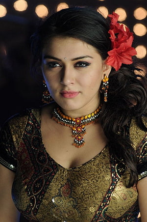 Hansika Motwani in Traditional Indian Attire with Floral Hairpiece and Gold Jewelry HD phone wallpaper