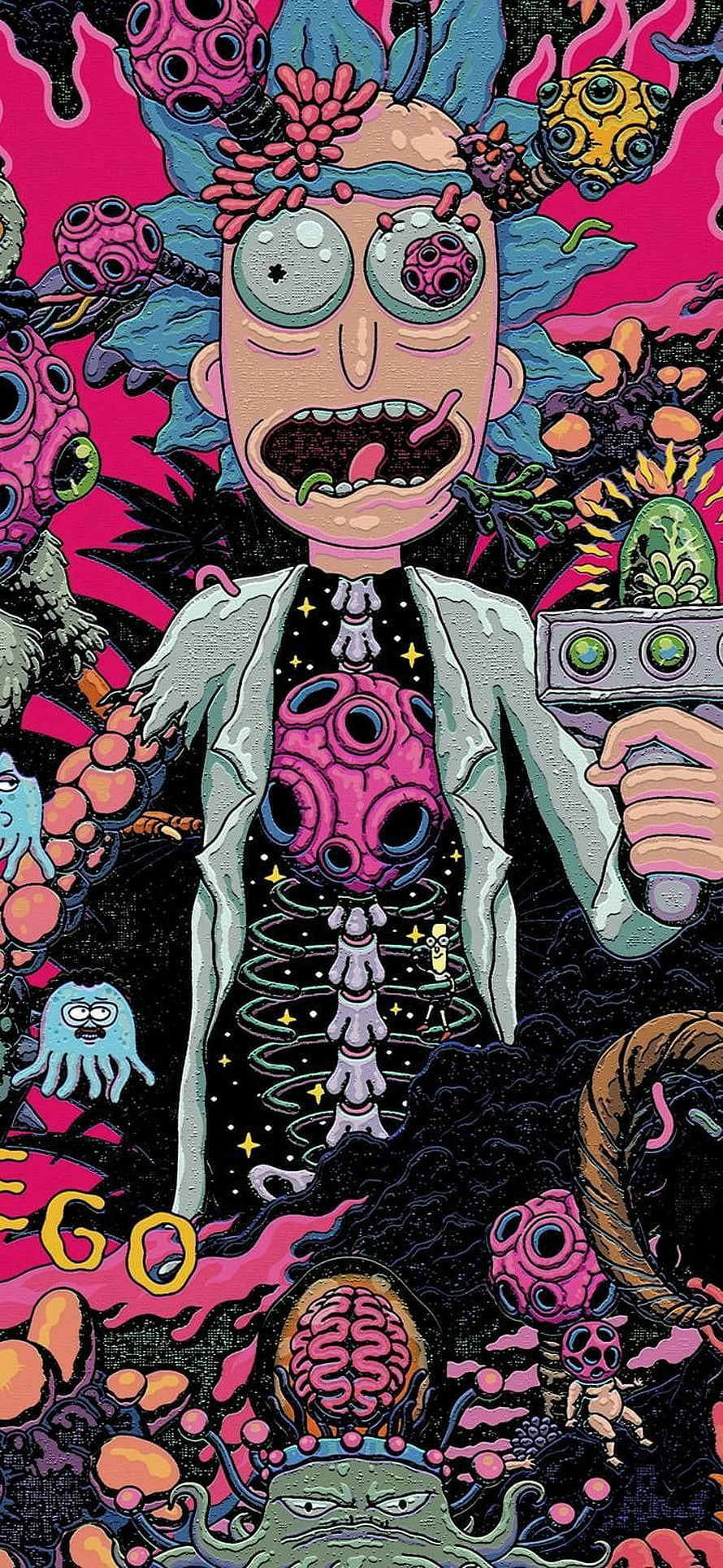 Rick and Morty psychedelic illustration featuring Rick Sanchez with exposed brain and surreal sci-fi elements HD phone wallpaper