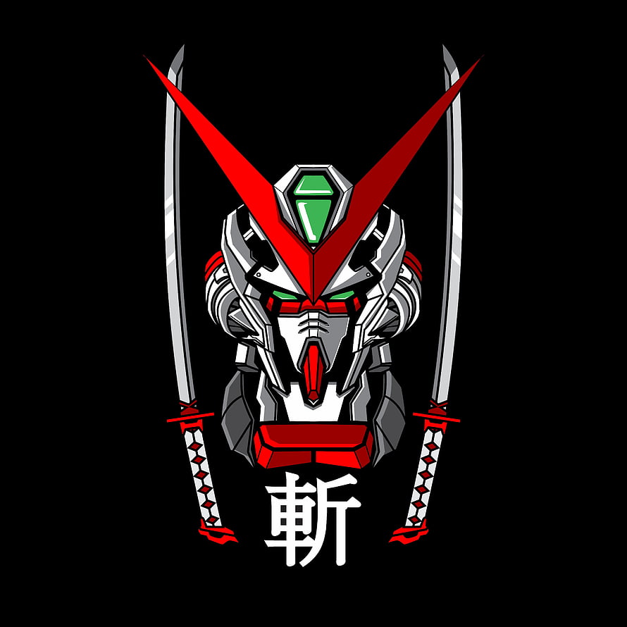 Gundam Astray Red Frame Mecha Head with Dual Swords and Kanji Emblem HD phone wallpaper