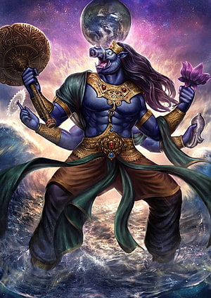 Four-Armed Hindu Deity with Boar Head Holding Mace and Lotus in Cosmic Ocean HD phone wallpaper