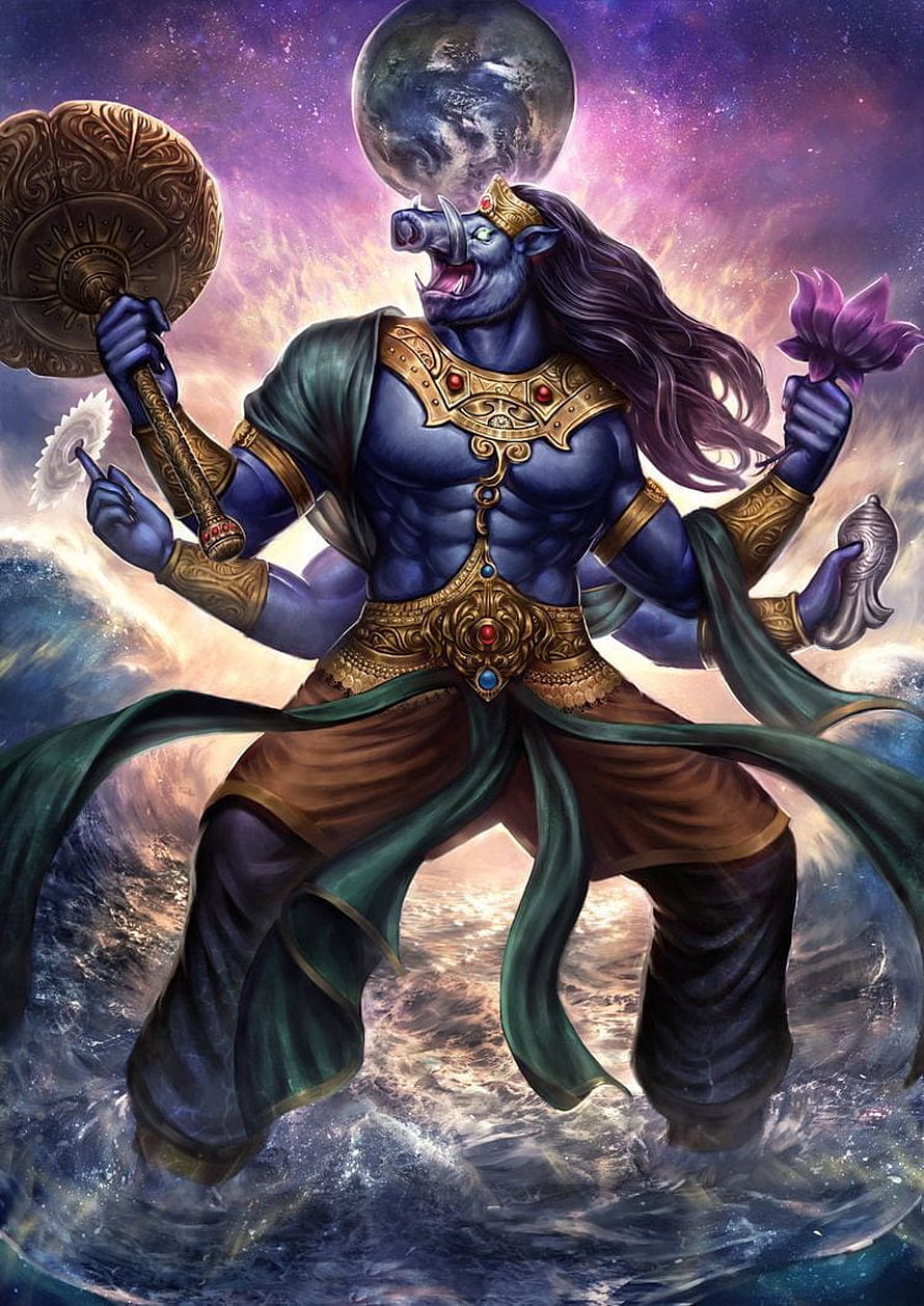 Four-Armed Hindu Deity with Boar Head Holding Mace and Lotus in Cosmic Ocean HD phone wallpaper