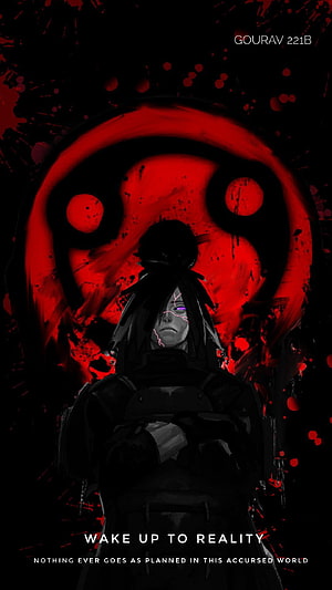 Madara Uchiha Dark Anime Artwork with Red Rinnegan Symbol and Black Background HD phone wallpaper