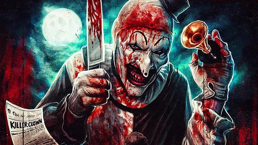 Terrifier Artwork Featuring Killer Clown Art the Clown with Knife and Trumpet HD wallpaper