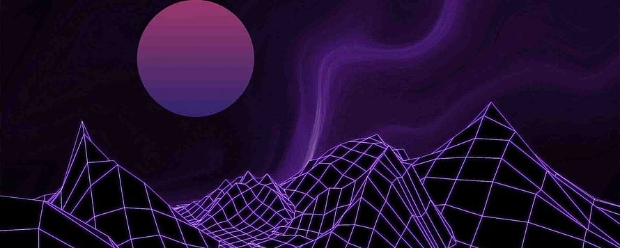 Retro Synthwave Wireframe Mountains with Gradient Sun and Nebula Sky HD wallpaper