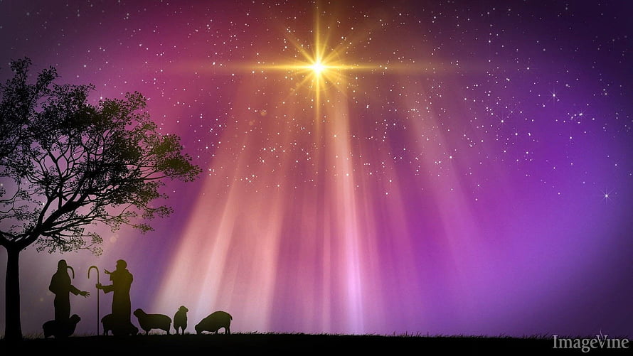 Silhouetted Shepherds and Sheep Under the Star of Bethlehem at Night HD wallpaper