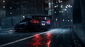 Nissan GT-R Rear View on Rainy Night Street with Red Taillight Reflections HD wallpaper
