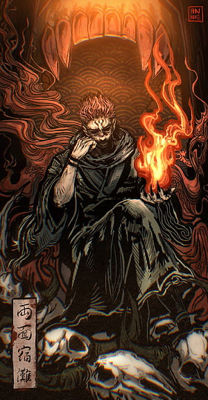 Ryomen Sukuna Jujutsu Kaisen Anime Illustration with Flames and Skulls HD phone wallpaper